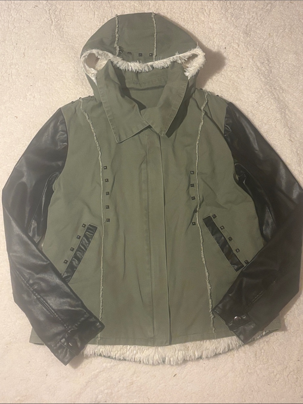 Miss Me Olive Green Hooded Utility Jacket with Black Sleeves